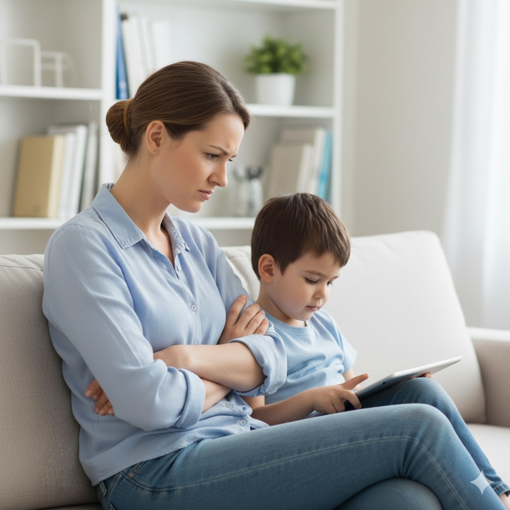 Sfrustrowany rodzic patrzący na dziecko z tabletem