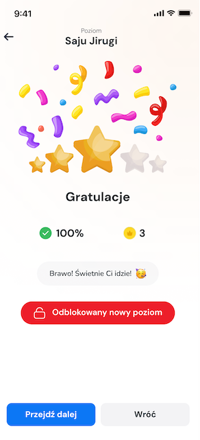 Ekran gratulacji w aplikacji